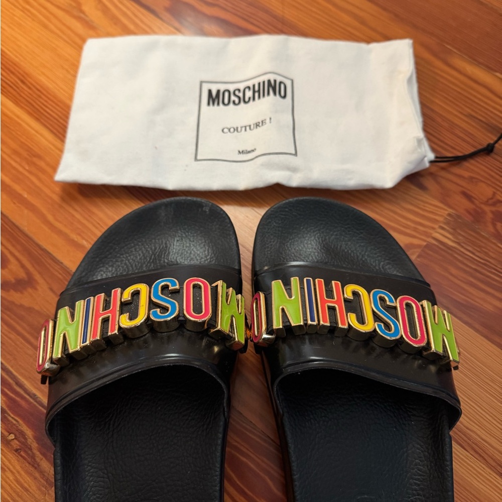 Moschino Women’s Black Slides with Multicolor Logo